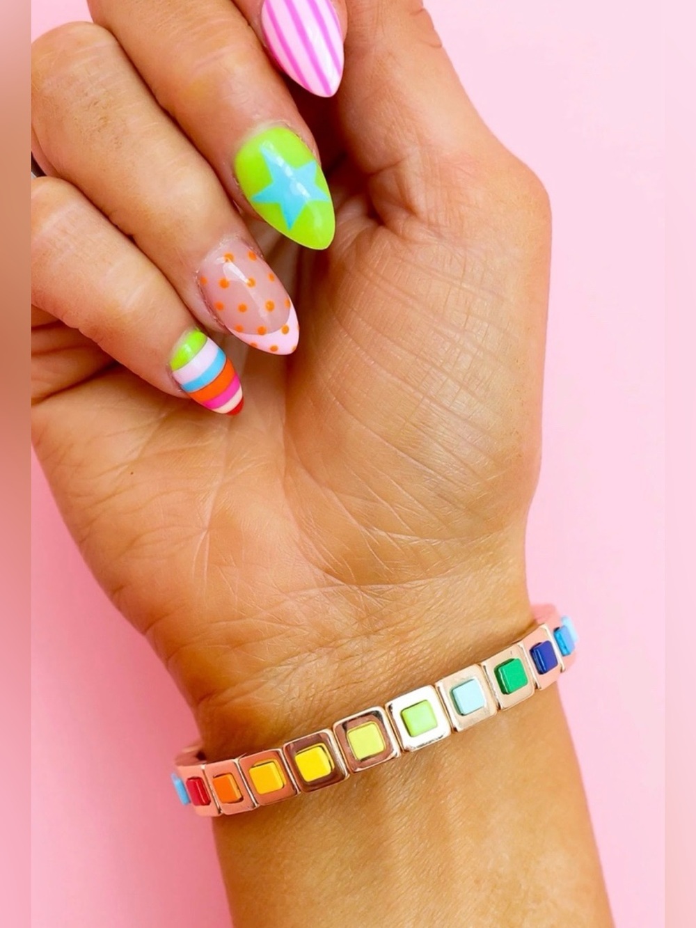 Colorblock Palette Tile Bracelet with Pastel Rainbow Enamel Tiles in Gold Tone